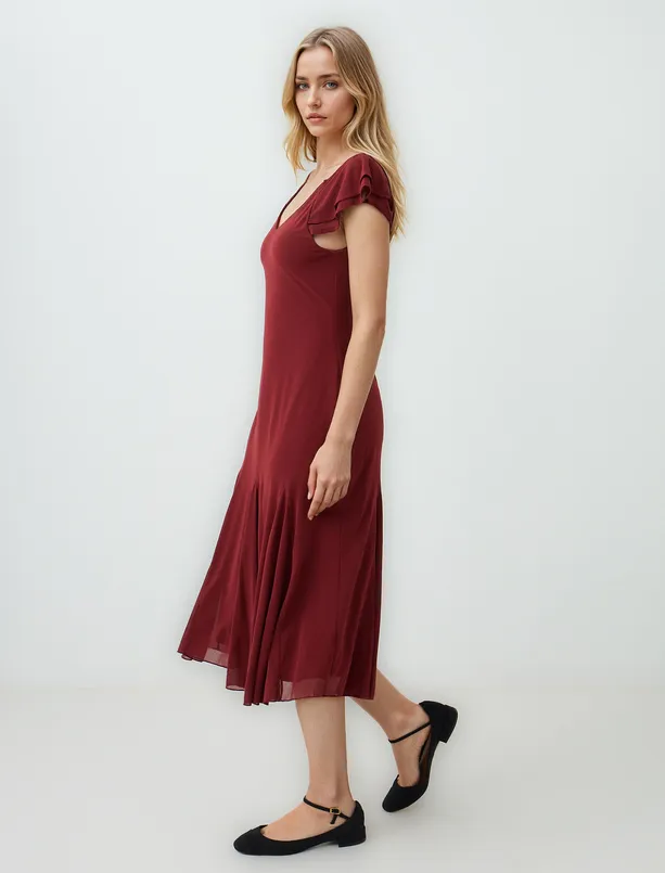Women Copper V Neck Short Sleeve Slim Fit Knitted Midi Dress