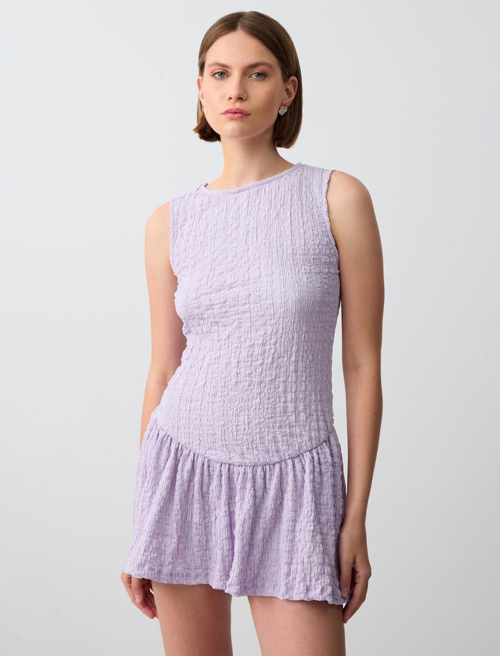 Rahat Kesim Bisiklet Yaka Kolsuz Örme Mini Elbise