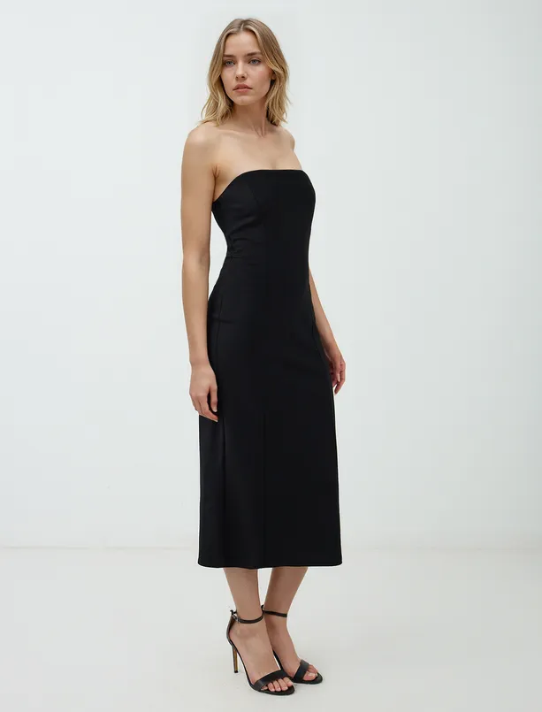 Women Black Slim Fit Strapless Midi Knitted Dress