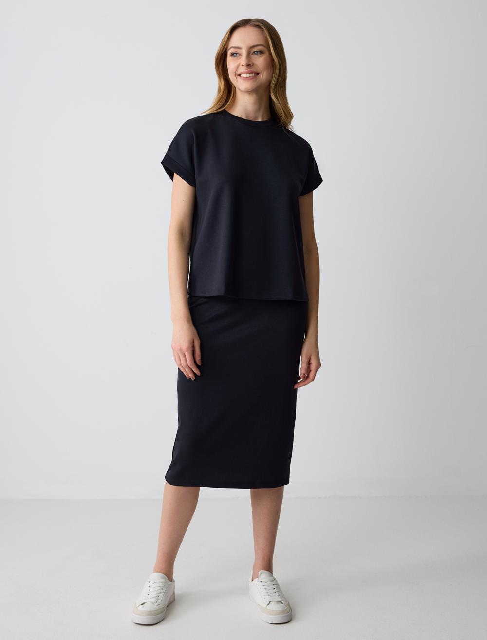 Yüksek Bel Dar Kesim Örme Modal Midi Etek