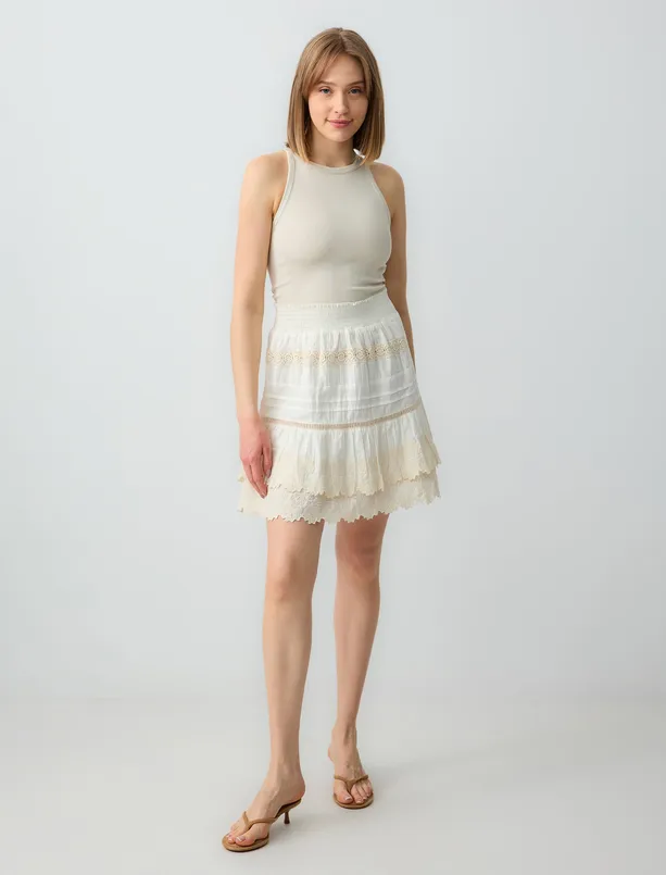 Women Ecru 100% Cotton Relaxed Fit Regular Waist Woven Mini Skirt