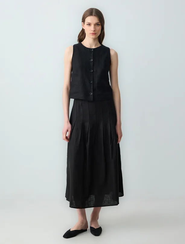 Women Black 100% Linen Relaxed Fit Regular Waist Long Skirt