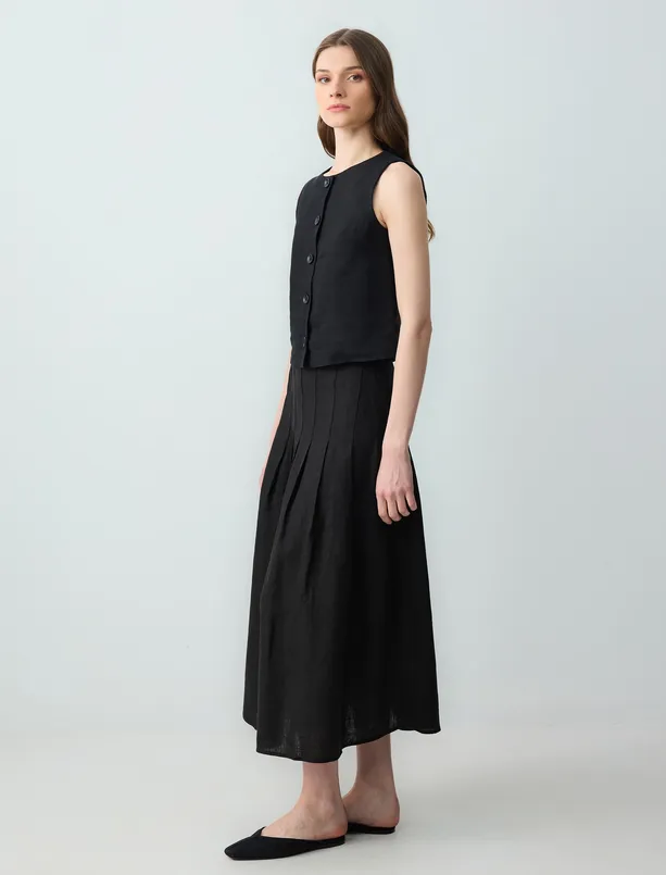 Women Black 100% Linen Relaxed Fit Regular Waist Long Skirt