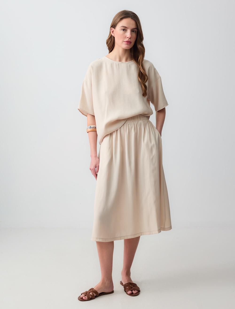 Rahat Kesim Yüksek Bel Dokuma Midi Etek