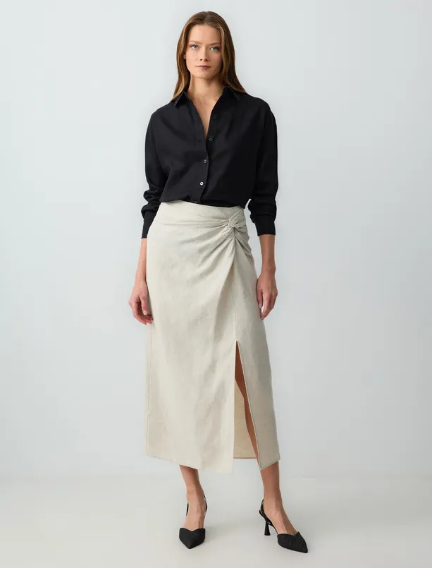 Women Beige 100% Linen High Waist Midi Skirt with Slit Detail