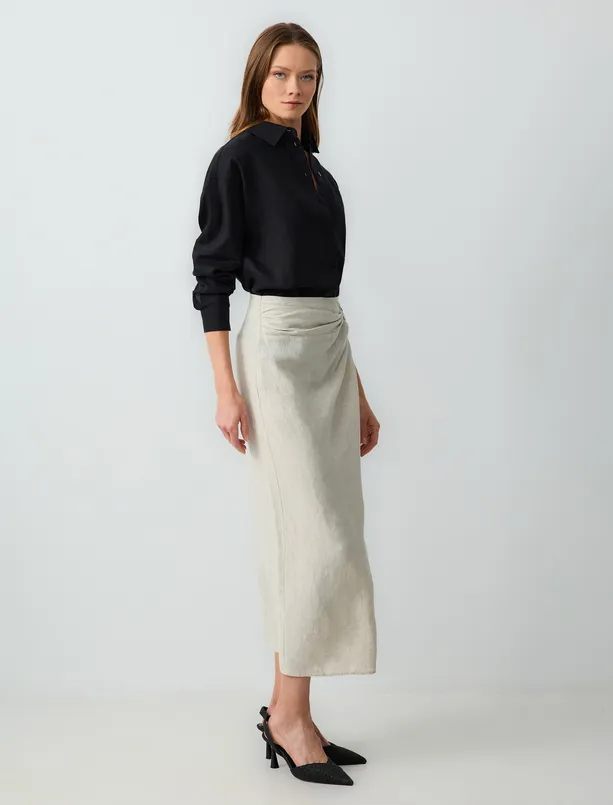 Women Beige 100% Linen High Waist Midi Skirt with Slit Detail