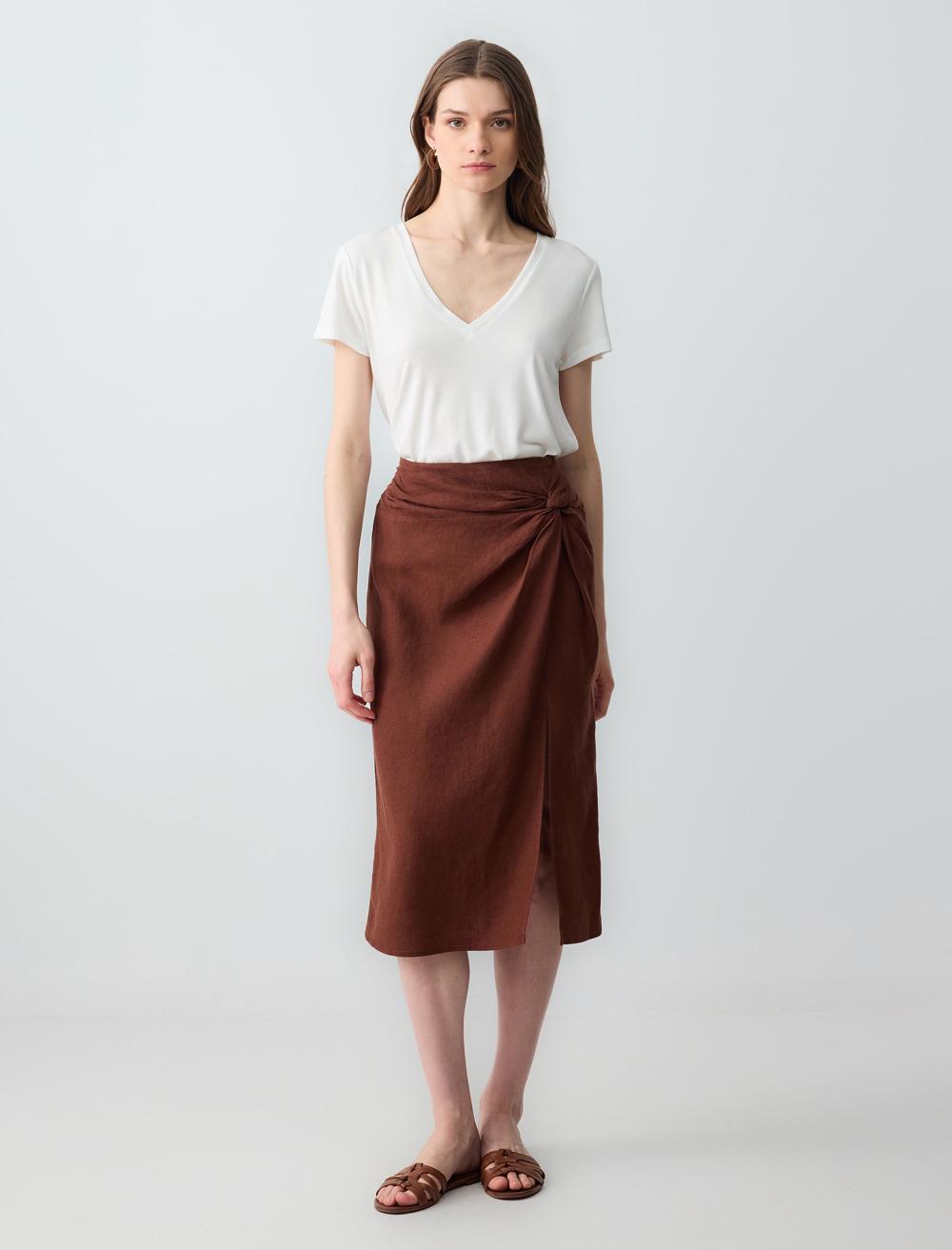 %100 Keten Yüksek Bel Yırtmaç Detaylı Midi Etek