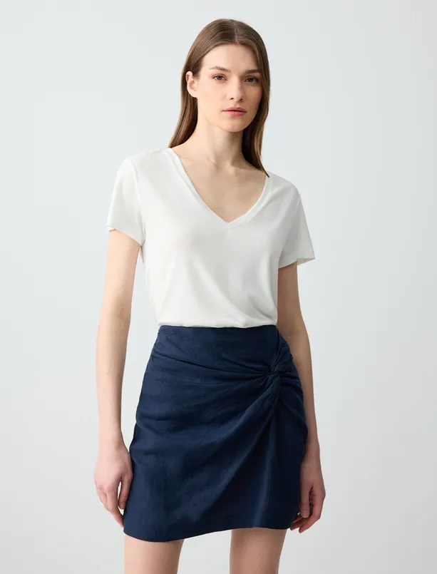 Women  100% Linen Regular Waist Drawstring Detailed Mini Skirt