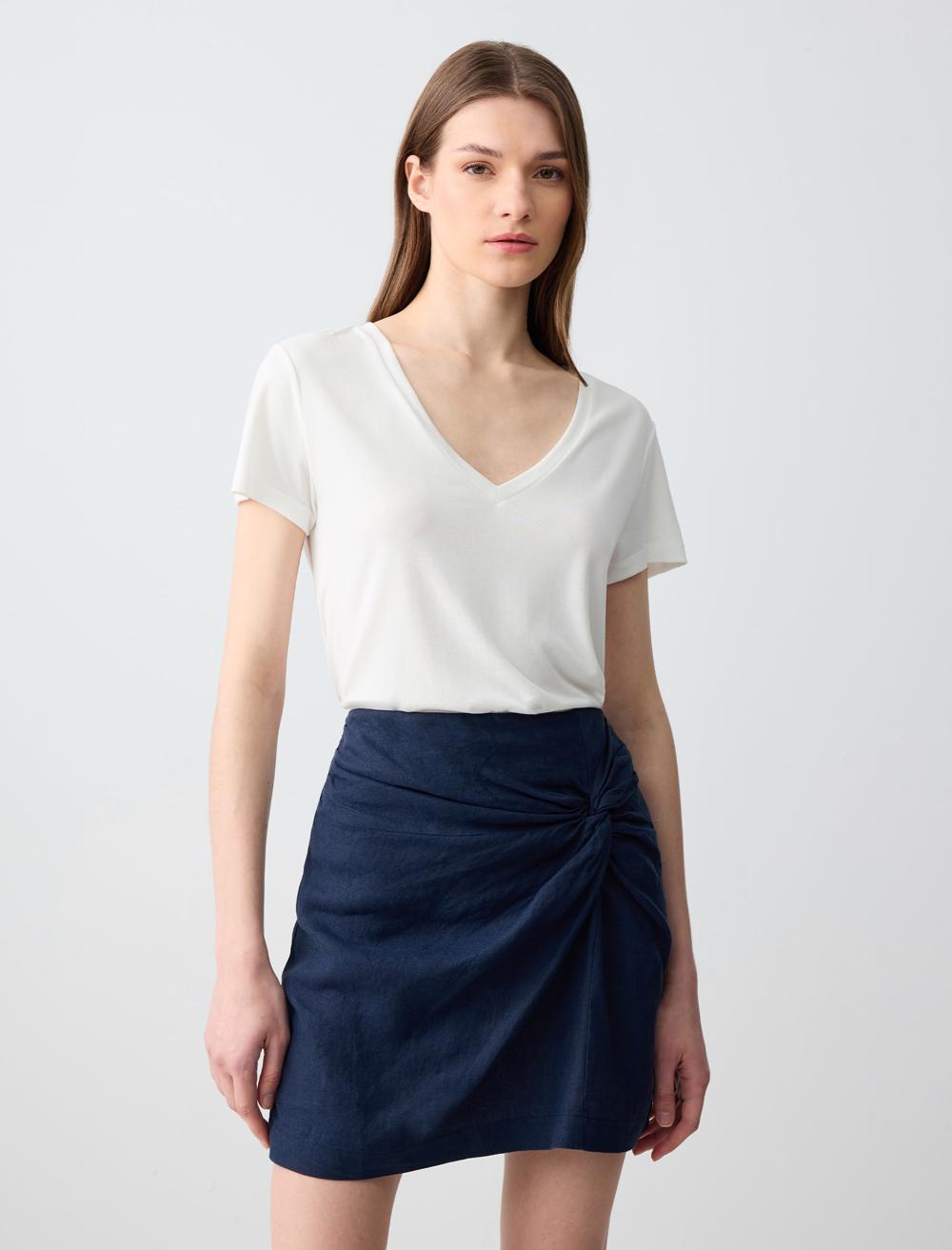 %100 Keten Normal Bel Büzgü Detaylı Mini Etek