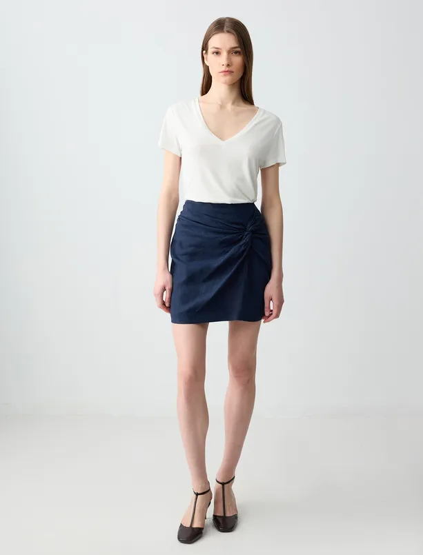 Women Dark Blue 100% Linen Regular Waist Drawstring Detailed Mini Skirt