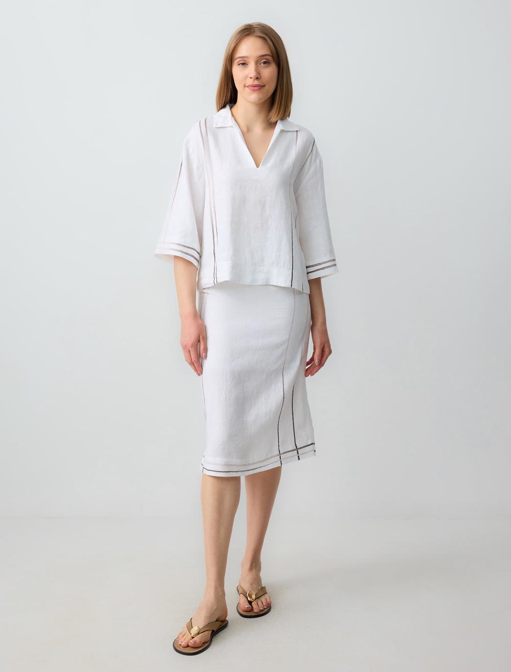 %100 Keten Normal Bel Çizgi Desenli Midi Etek