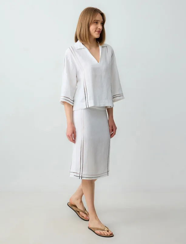 Women White 100% Linen Regular Waist Line Patterned Midi Skirt