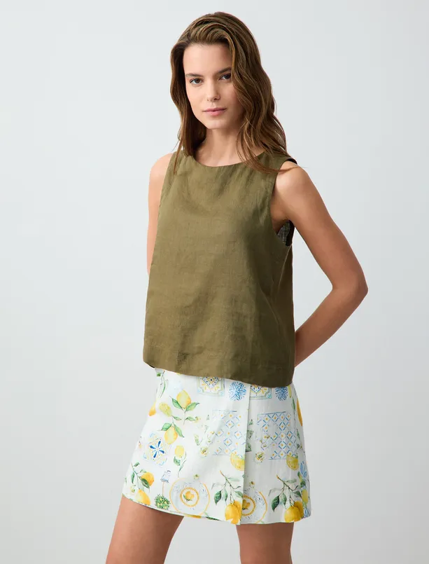 Women Yellow Regular Waist Straight Cut Patterned Linen Mini Skirt