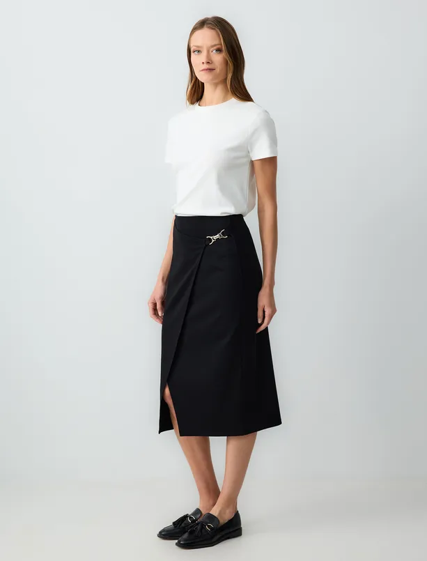 Women Black High Waist Metal Detailed Knitted Midi Skirt