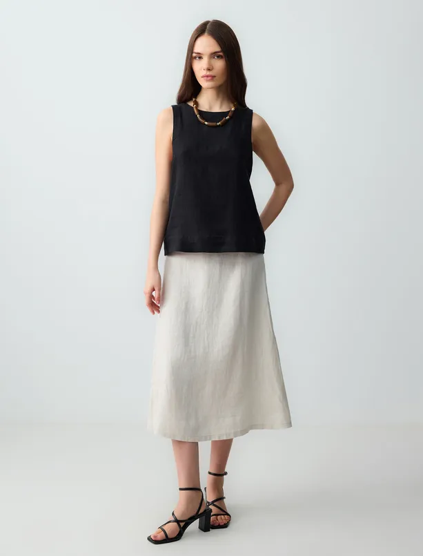 Women Beige 100% Linen Straight Cut High Waist Midi Skirt