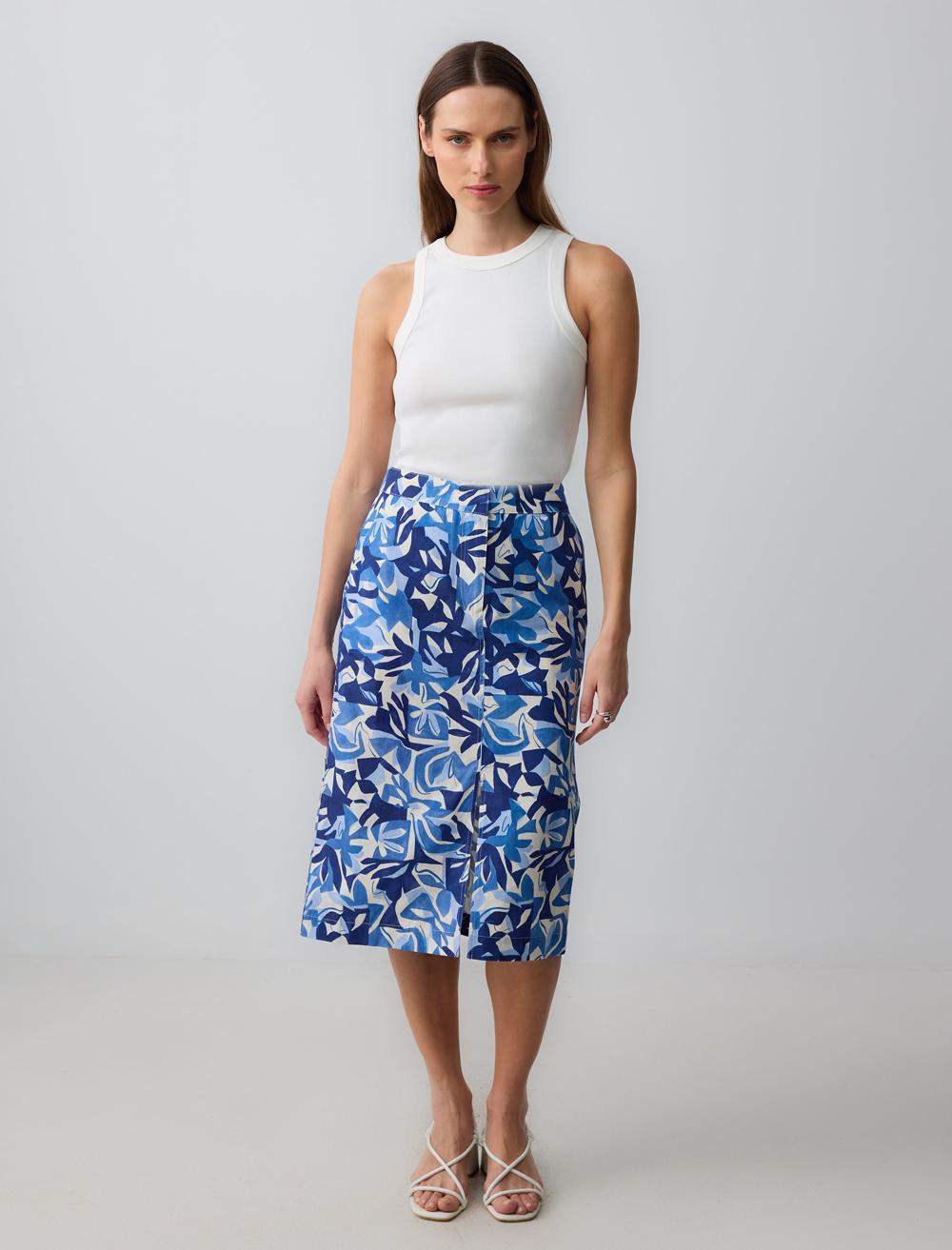 %100 Pamuk Düz Kesim Normal Bel Desenli Dokuma Midi Etek