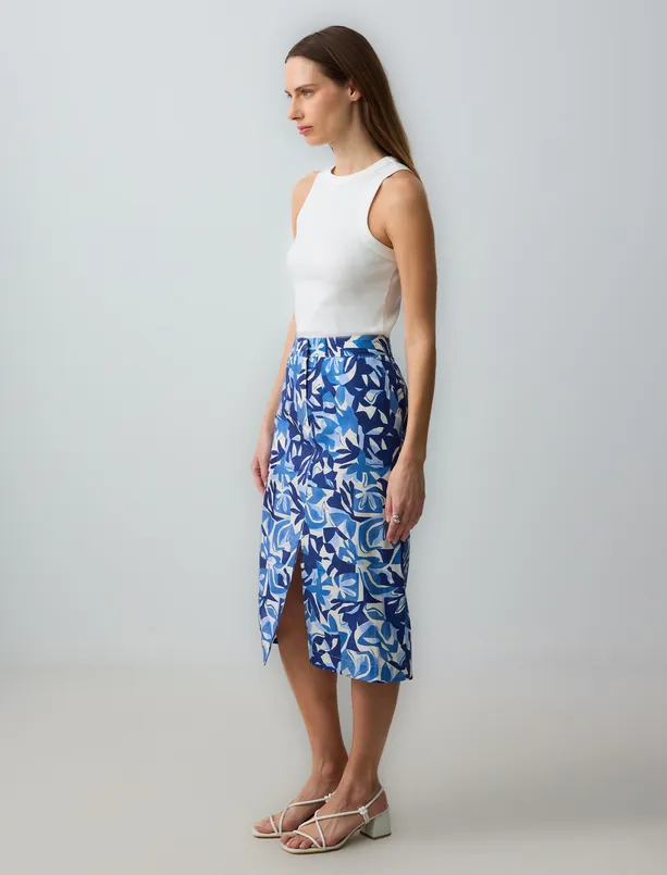 Women Blue 100% Cotton Straight Cut Regular Waist Patterned Woven Midi Skirt