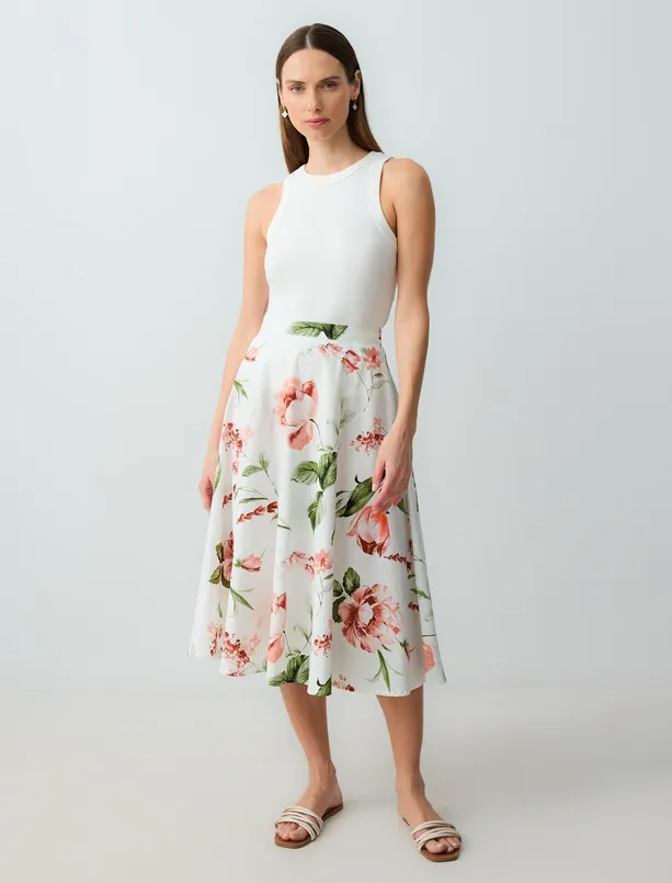 Women Ecru 100% Cotton Relaxed Fit Regular Waist Floral Patterned Midi Skirt