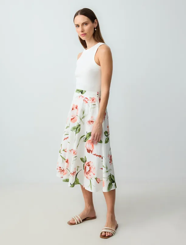 Women Ecru 100% Cotton Relaxed Fit Regular Waist Floral Patterned Midi Skirt