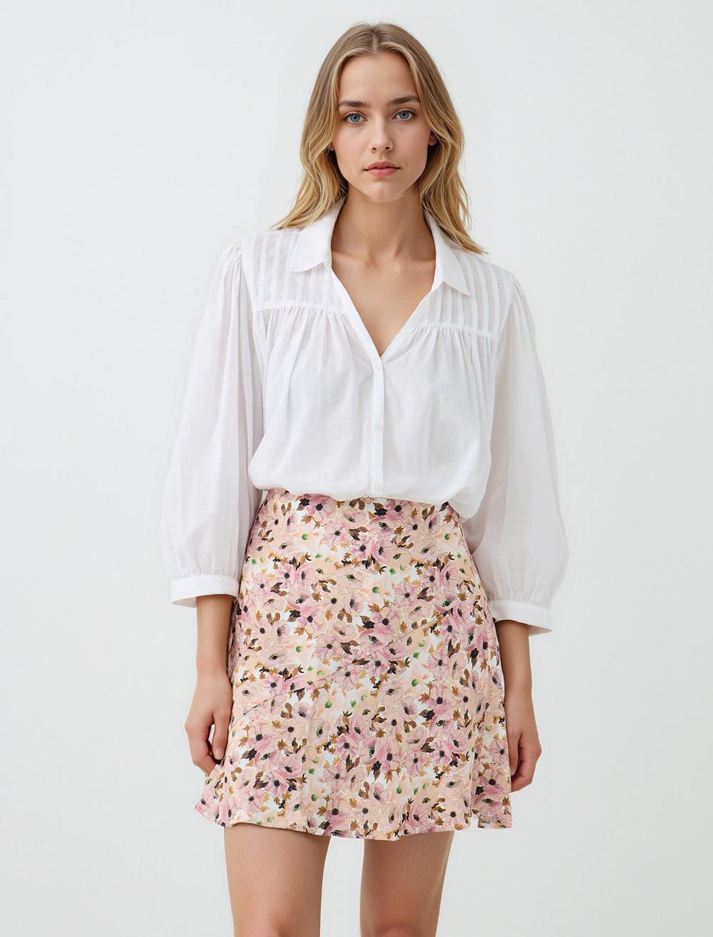 Normal Bel Çiçek Desenli Mini Dokuma Etek