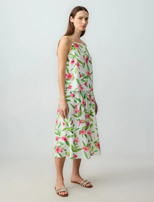 Women Ecru Relaxed Fit Regular Waist Floral Patterned Midi Linen Skirt
