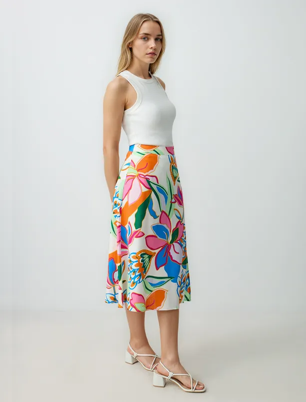 Women Ecru Regular Waist Floral Patterned Linen Blend Midi Skirt