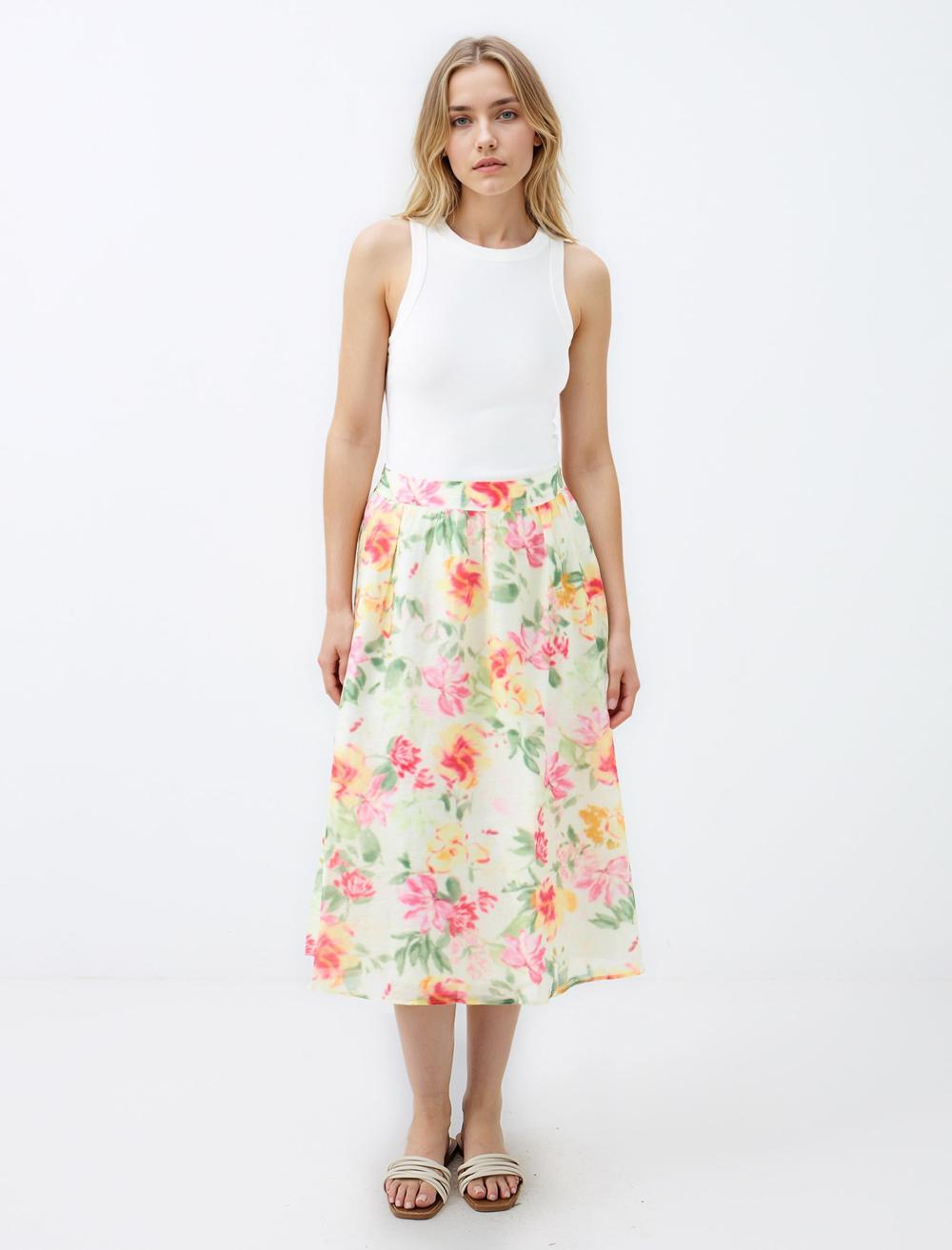 Rahat Kesim Çiçek Desenli Dokuma Midi Etek