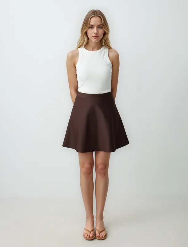 Bayan Kahverengi Rahat Kesim Beli Lastikli Normal Bel Örme Mini Etek