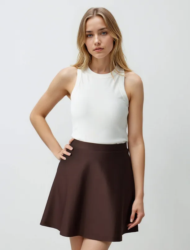 Bayan Kahverengi Rahat Kesim Beli Lastikli Normal Bel Örme Mini Etek