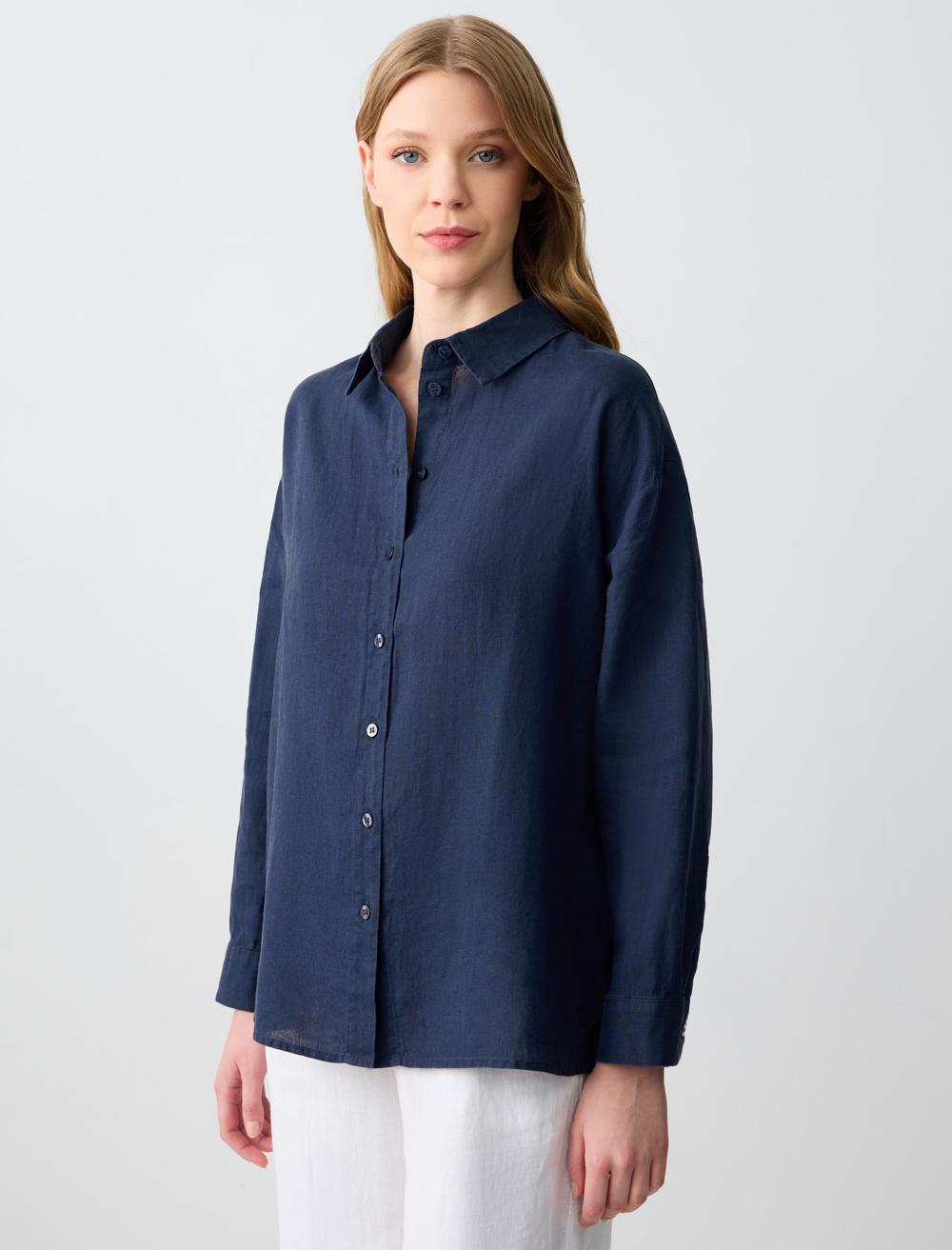 %100 Keten Düz Kesim Uzun Kollu Dokuma Gömlek