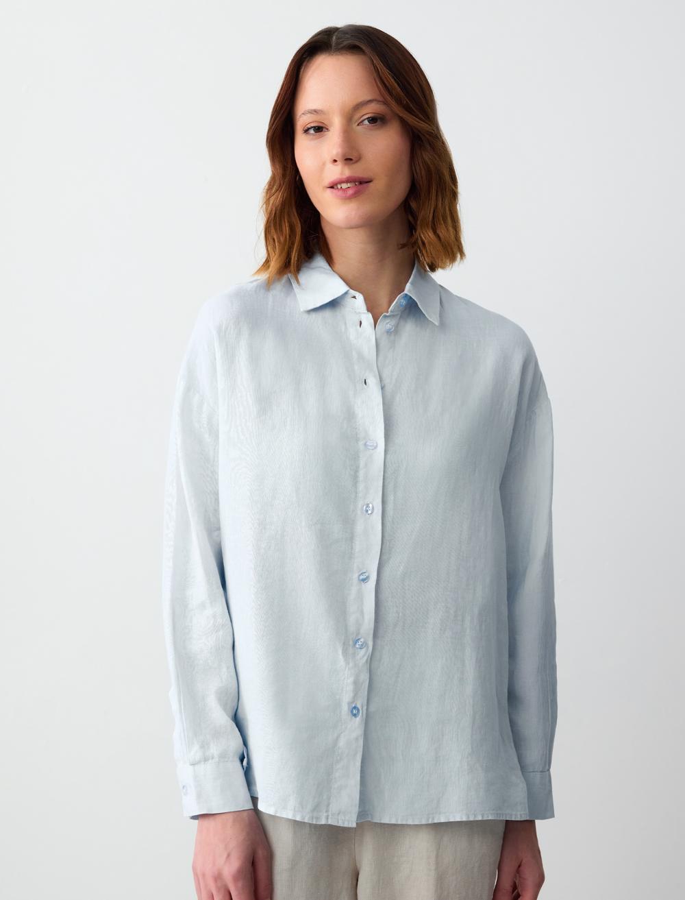 %100 Keten Düz Kesim Uzun Kollu Dokuma Gömlek