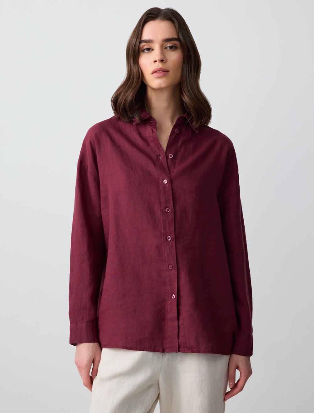 %100 Keten Düz Kesim Uzun Kollu Dokuma Gömlek