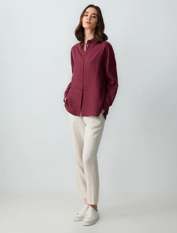 Women Claret Red 100% Linen Straight Cut Long Sleeve Woven Shirt