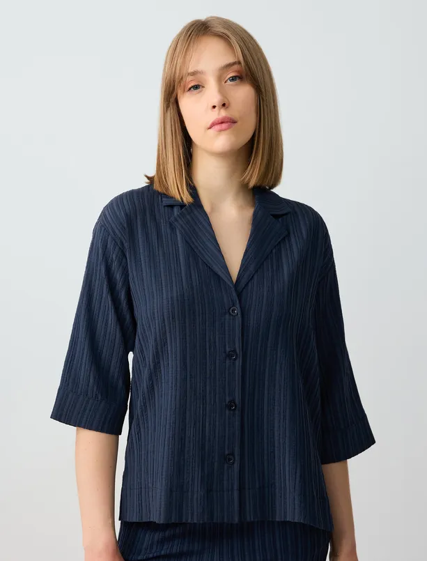Women Dark Blue Straight Cut Trouser Sleeve Patterned Linen Shirt