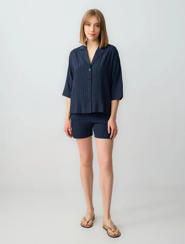 Women Dark Blue Straight Cut Trouser Sleeve Patterned Linen Shirt