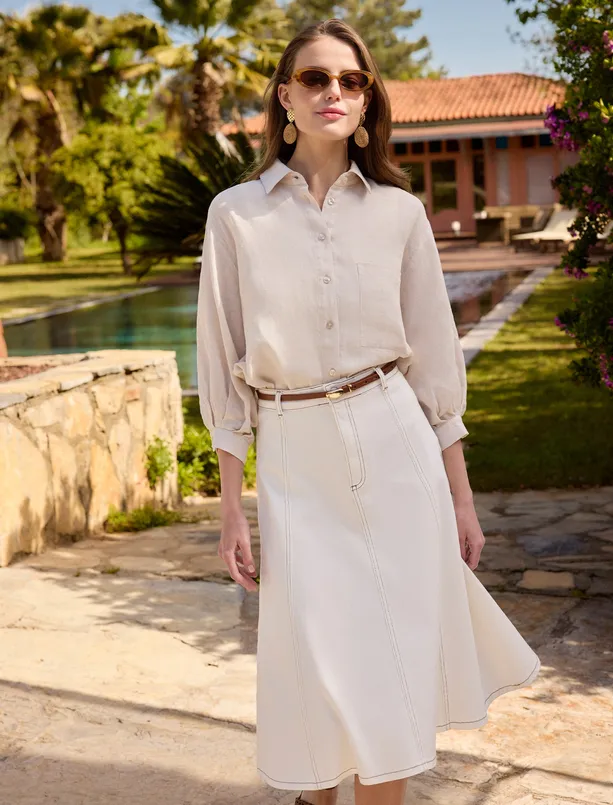 Women Beige 100% Linen Relaxed Fit Trouser Sleeve Woven Shirt