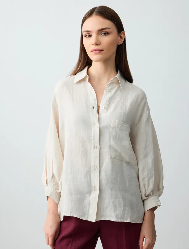 Women Beige 100% Linen Relaxed Fit Trouser Sleeve Woven Shirt