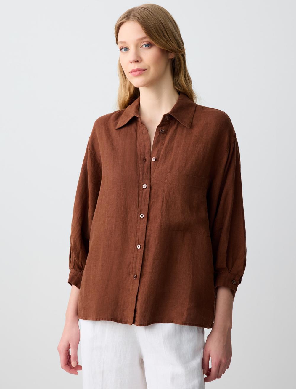 %100 Keten Rahat Kesim Truvakar Kol Dokuma Gömlek