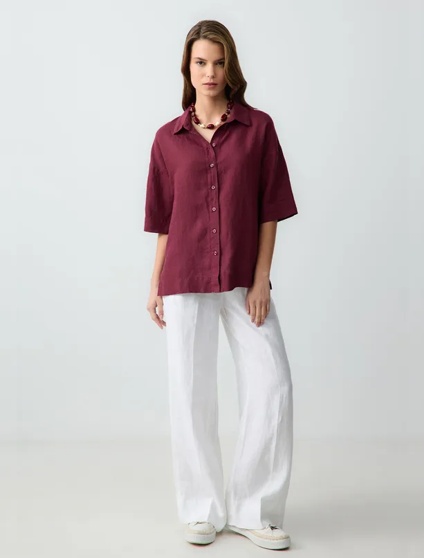 Women Claret Red 100% Linen Straight Cut Short Sleeve Woven Shirt