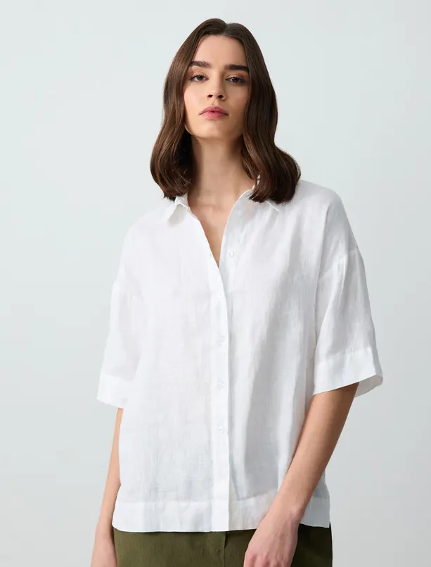 Women White 100% Linen Straight Cut Short Sleeve Woven Shirt
