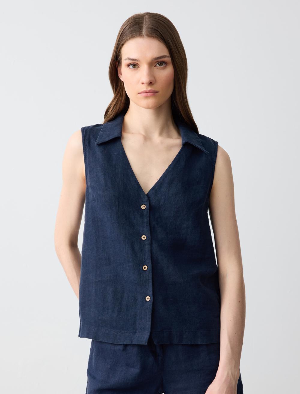 %100 Keten Dar Kesim Kolsuz Gömlek