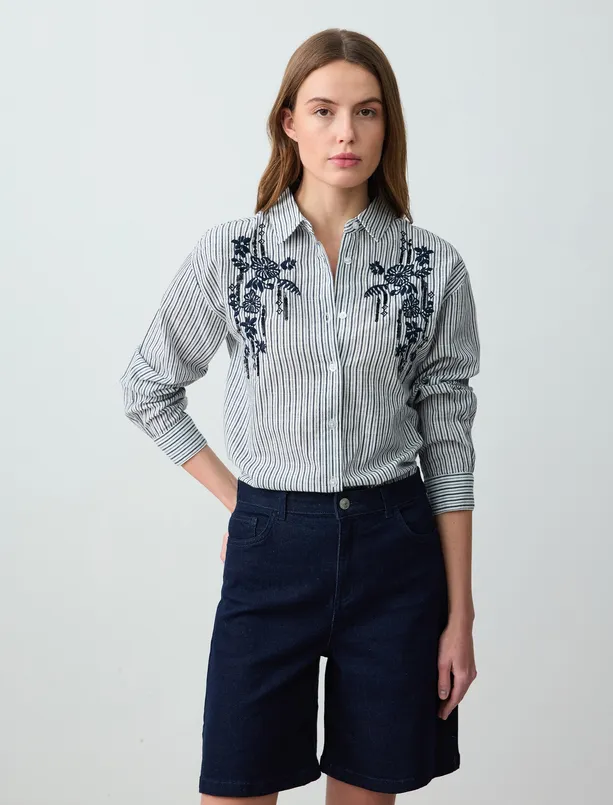Women  100% Cotton Floral Patterned Striped Long Sleeve Woven Shirt