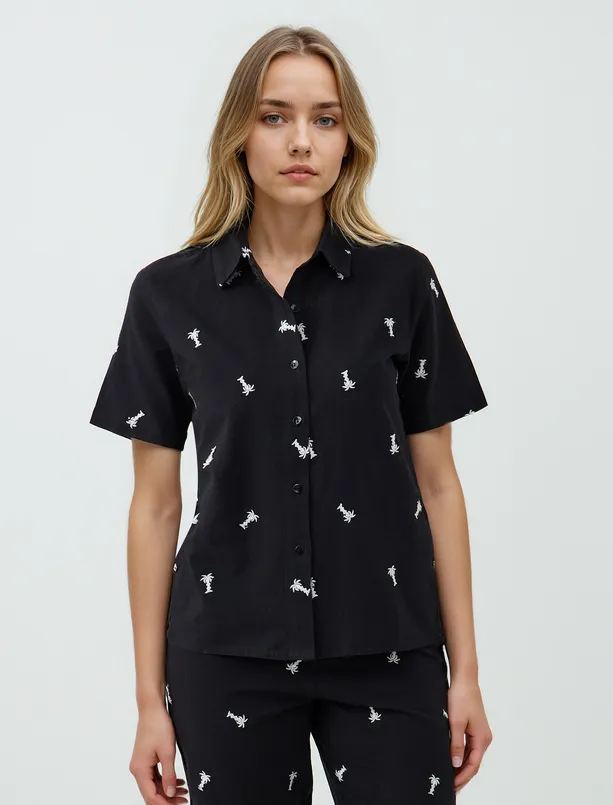 Women  100% Cotton Short Sleeve Patterned Woven Shirt