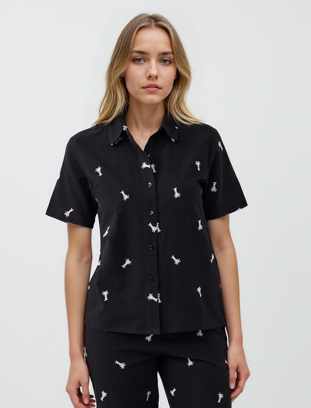 %100 Pamuk Kısa Kollu Desenli Dokuma Gömlek