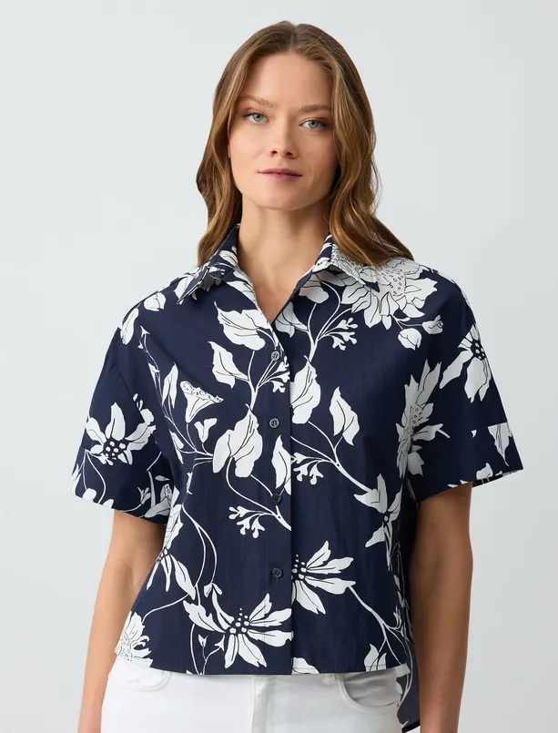 Women  100% Cotton Short Sleeve Floral Patterned Woven Shirt