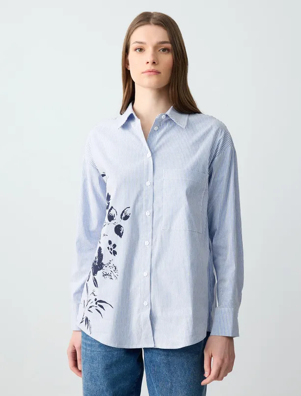 Women  Straight Cut Long Sleeve Floral Striped Shirt
