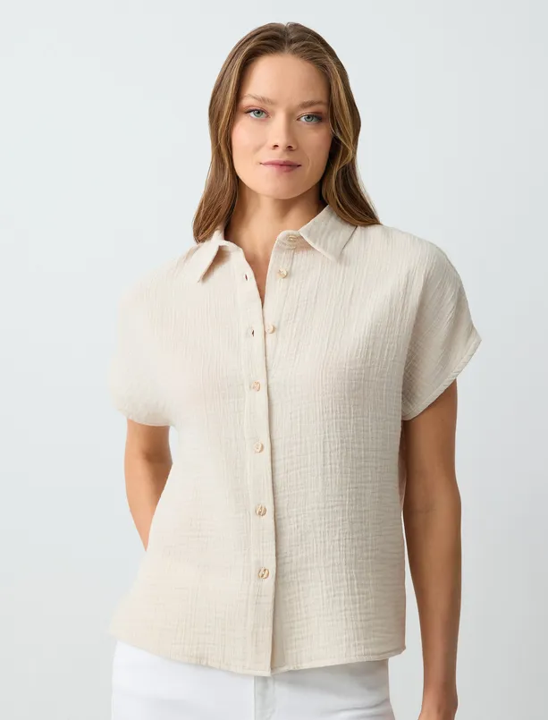 Women Beige 100% Cotton Short Sleeve Woven Shirt