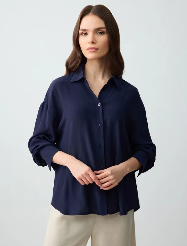 Women Dark Blue Long Sleeve Relaxed Fit Woven Shirt