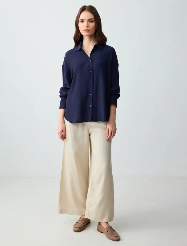 Women Dark Blue Long Sleeve Relaxed Fit Woven Shirt