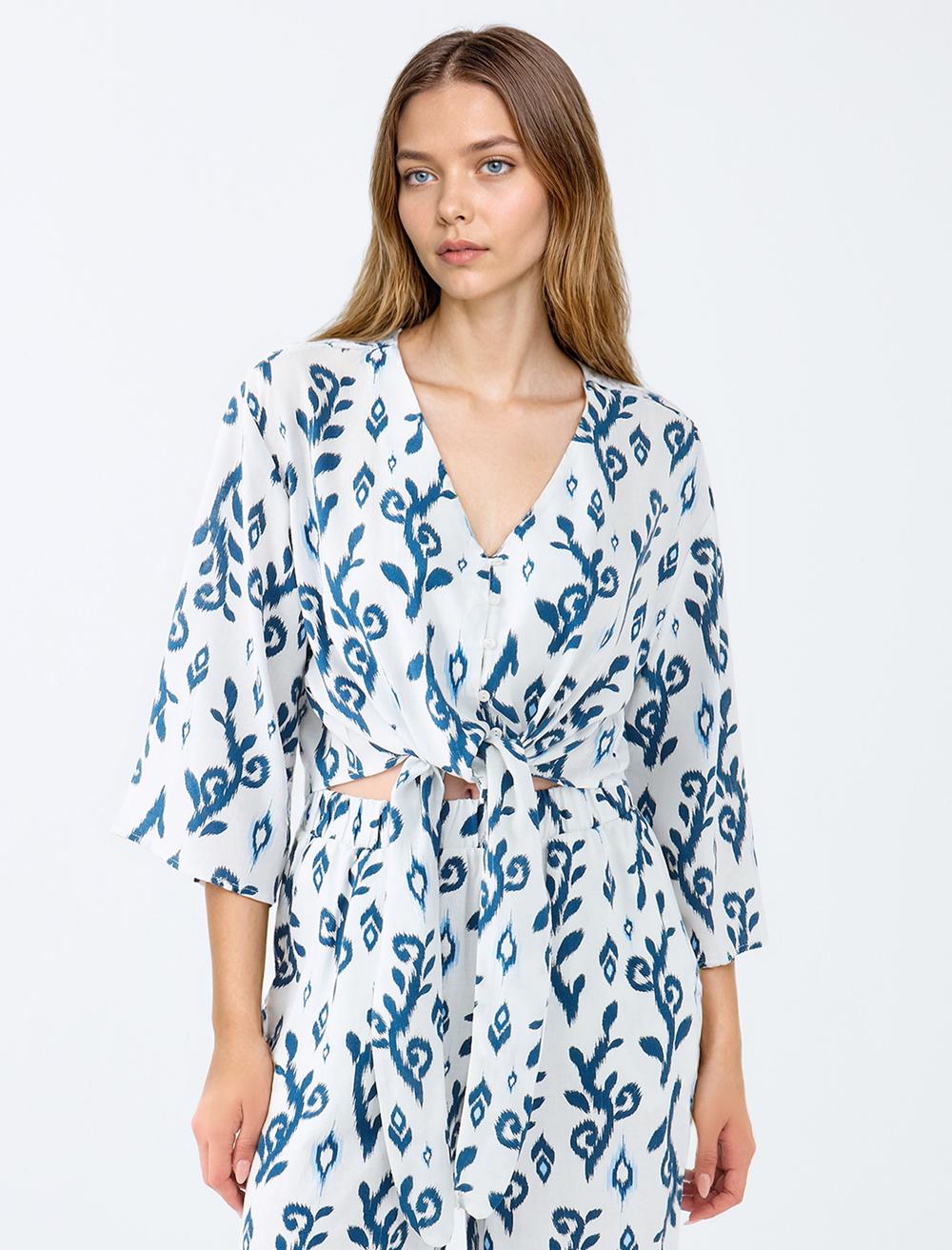 V Yaka Truvakar Kol Desenli Keten Karışımlı Gömlek